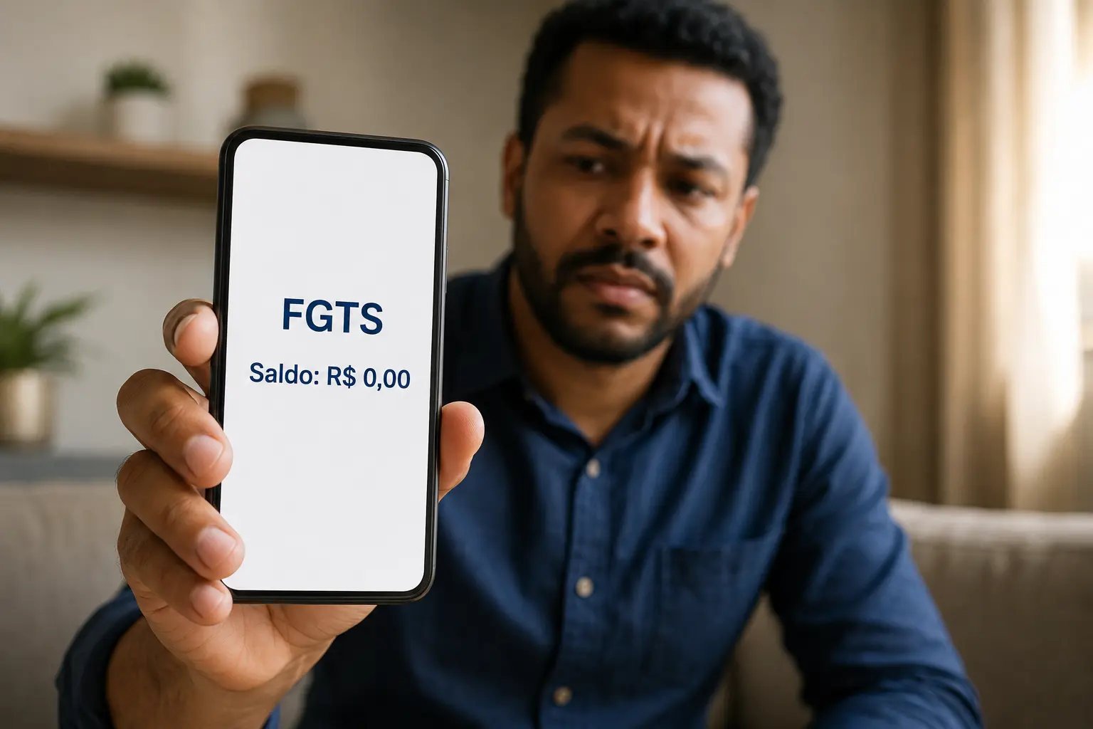 Trabalhador mostrando no celular saldo zerado de FGTS