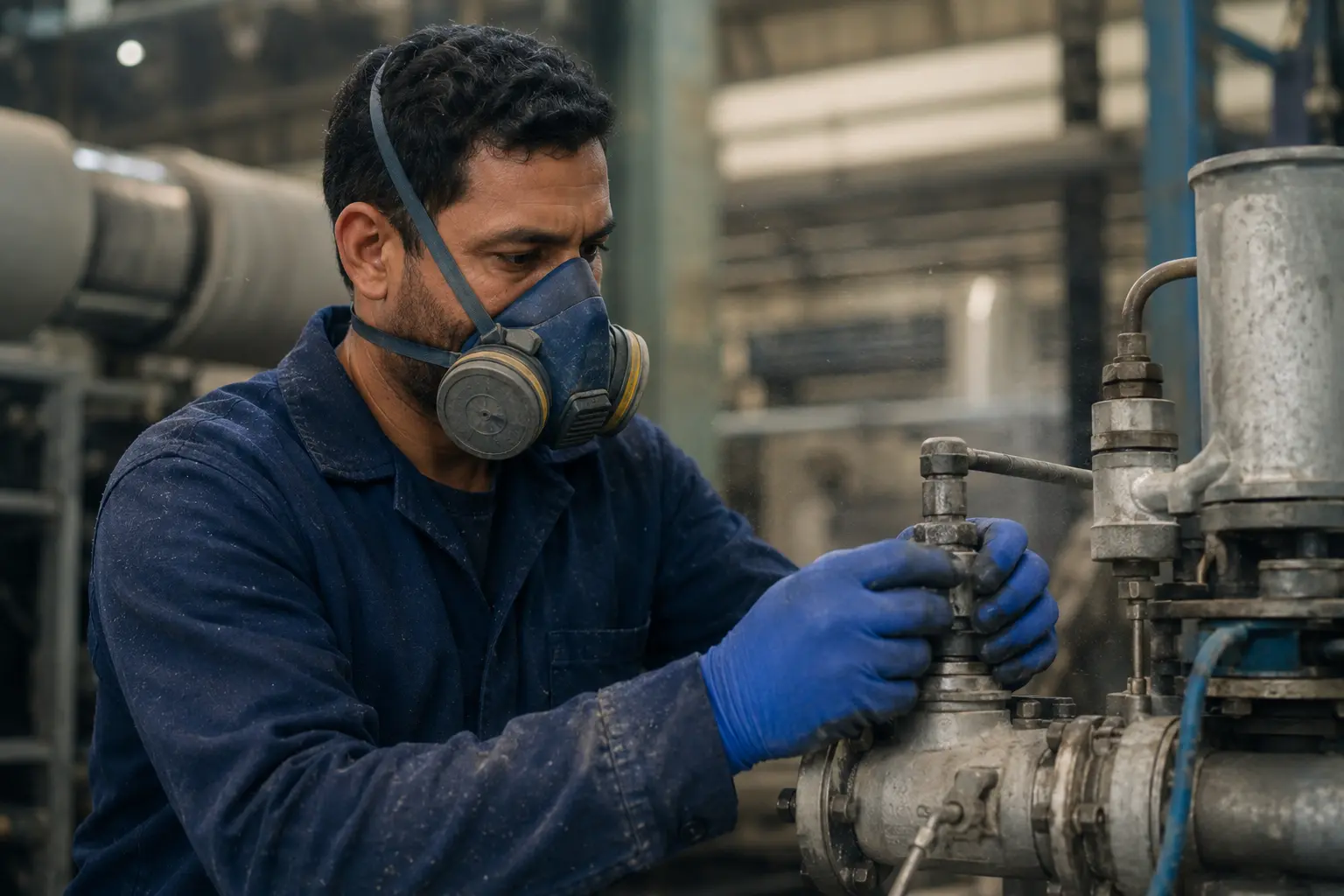 Trabalhador utilizando máscara e luvas em ambiente insalubre