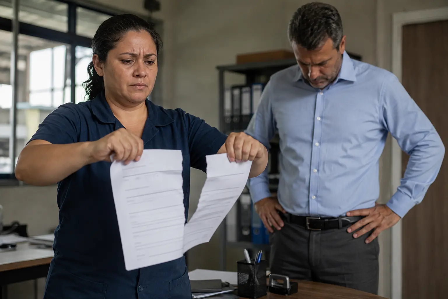 Trabalhadora rasgando o contrato de trabalho diante do patrão