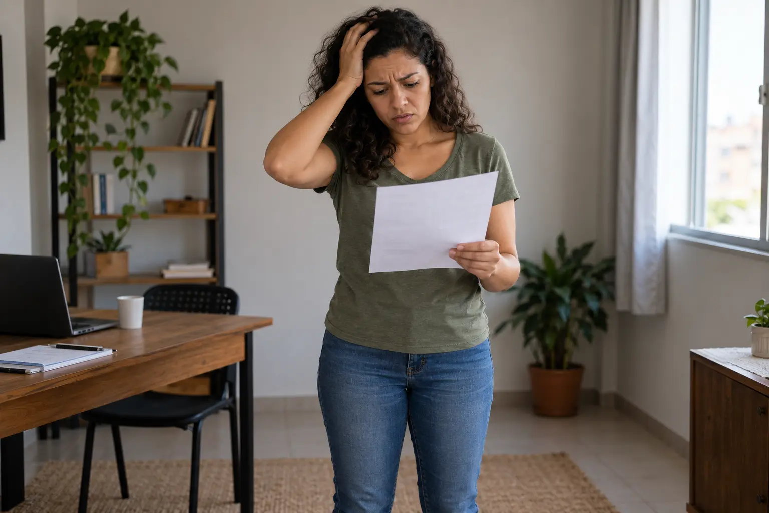 Trabalhadora em pé lendo um documento com expressão de desespero e uma das mãos na cabeça