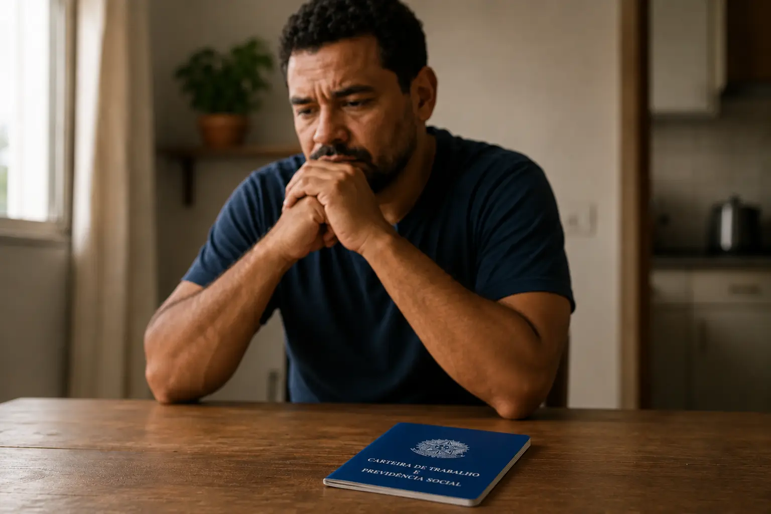 Trabalhador preocupado diante de uma Carteira de Trabalho deitada sobre a mesa